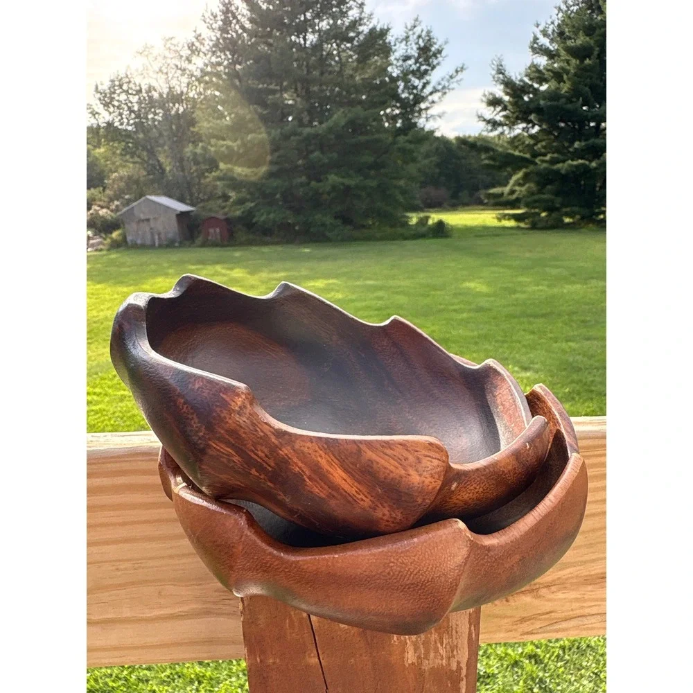 Vintage Hand Crafted Monkey Pod Wood Scalloped Bowls Set of 2 Philippines 6 Inch